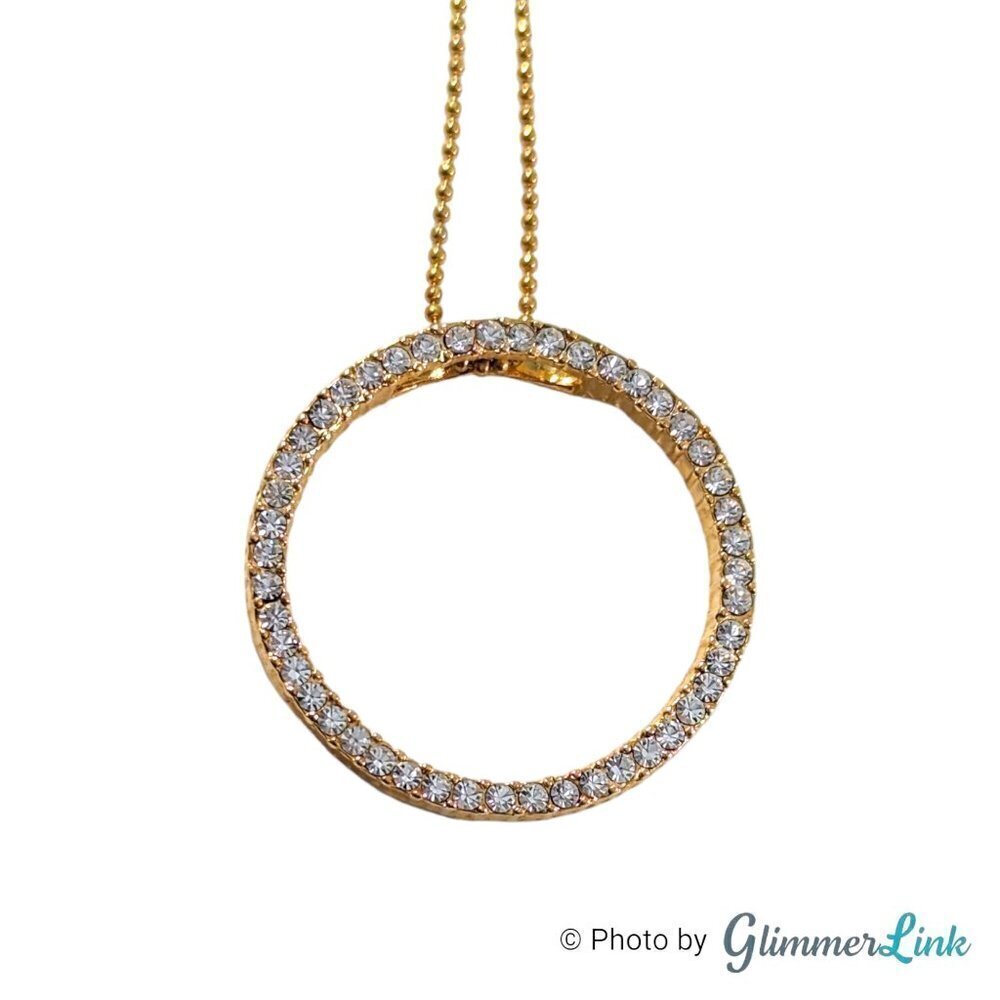 Eternity Open Circle Rhinestone Pendant Gold Tone Ball Bead Chain Necklace